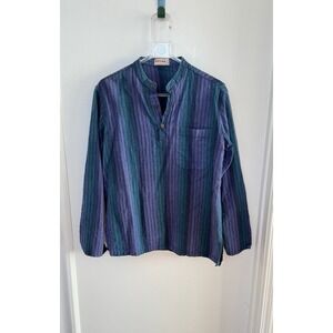 Vintage Fabindia Men's 40 Woven Cotton Indigo Teal Striped Kurta Shirt India
